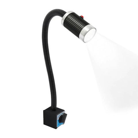 Super Bright 9W Led Machine Tool Light With Magnetic Base And Flexible Gooseneck, shiny aluminum head and flexible neck for precision tasks.