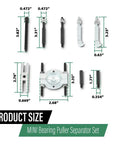 Bad Ass Nine Piece Mini Bearing Puller Separator Set Fits Gears Wheels Fittings Off Shafts For Auto Work Includes Beam Separator Jaw Thrust Screw Extension Rods Great For Quick Fixes And Heavy Duty Jobs Around Your Shop Get Yours Soon. Mini bearing puller separator set, black and silver steel parts, with size labels and separator jaws