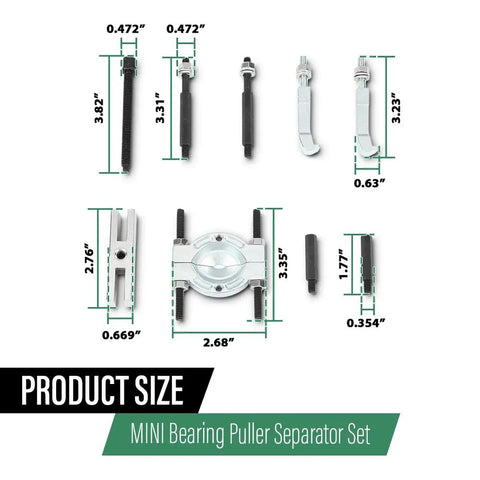 Bad Ass Nine Piece Mini Bearing Puller Separator Set Fits Gears Wheels Fittings Off Shafts For Auto Work Includes Beam Separator Jaw Thrust Screw Extension Rods Great For Quick Fixes And Heavy Duty Jobs Around Your Shop Get Yours Soon. Mini bearing puller separator set, black and silver steel parts, with size labels and separator jaws