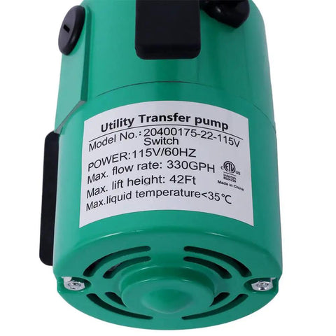 330 Gph Electric Utility Water Transfer Pump 115V One Tenth Hp Self Priming Portable Pump with specifications label.