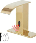 Automatic Sensor Touchless Bathroom Sink Faucet In Polished Gold With Drain Assembly And Vanity Mount Hands Free Waterfall Tap Temperature Mixer Control Box Hot And Cold Hoses