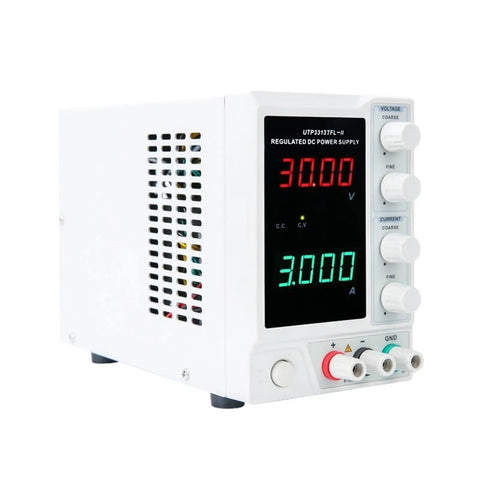 Bench Top Linear DC Power Supply 110V 220V Regulator With UTP3313TFLII And UTP3315TFLII Compatibility Workhorse Output And Precise Point Five Percent Voltage Control With 10mV Resolution For Stable Lab Testing, white metal bench unit with digital display