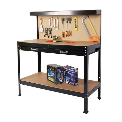 Beefy Garage Workbench With Pegboard, Steel Frame And MDF Top, Built In Storage Drawer And Lower Shelf, 300 Lb Capacity Work Table