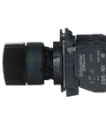 Side view of Harmony XB5 Selector Switch for industrial machinery with plastic bezel, 3 positions stay put operation, 2 NO contacts.