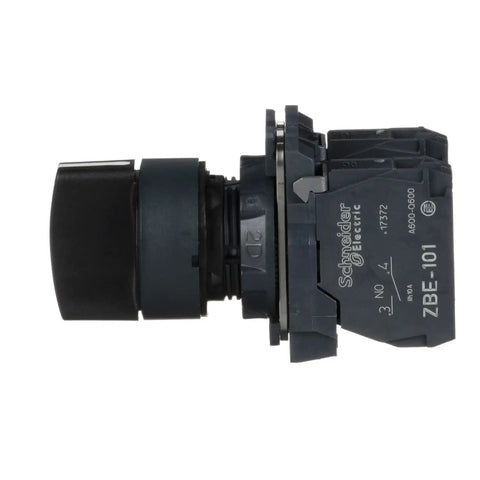 Side view of Harmony XB5 Selector Switch for industrial machinery with plastic bezel, 3 positions stay put operation, 2 NO contacts.
