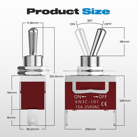 Marine Grade Waterproof Toggle Switch 2 Pin SPST On Off 12V DC 30A 125VAC 20A dimensions with waterproof cap terminals
