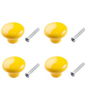 Hella Stylish Yellow Ceramic Knobs And Round Drawer Pulls For Kitchen Cabinets And Dressers Featuring Heavy Duty Zinc Alloy Backing Kid Friendly Curved Shape Tough As Nails Scratch Resistant Finish Make Your Home Decor Pop Set Of Four, showing four yellow ceramic knobs with screws.