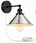 LEDSone Chrome Plug in Wall Sconce E26 Adjustable Cone Shade Wall Light with black base and adjustable metallic cone shade.
