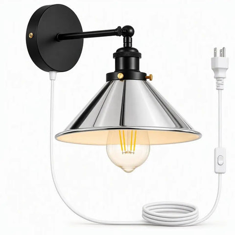 LEDSone Chrome Plug in Wall Sconce E26 Adjustable Cone Shade Wall Light with black base and adjustable metallic cone shade.