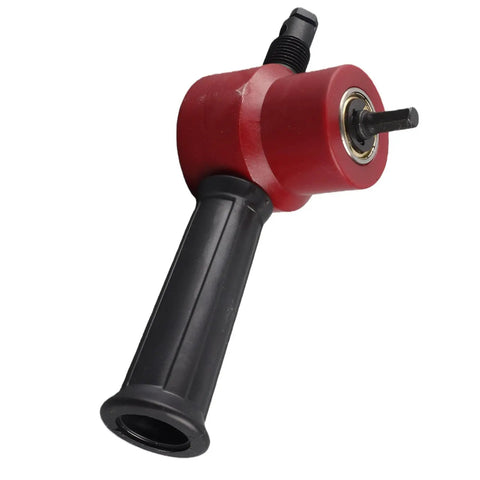 Aramox Double Head Sheet Metal Nibbler Cutter Drill Attachment For Straight Curves And Circles 360 Degree Rotating Steel Chopper Tool With Red Finish close-up.