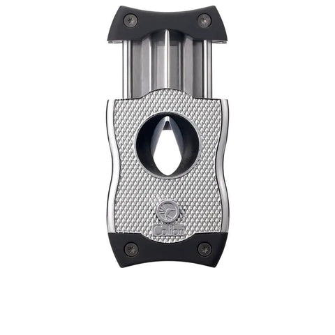 SV Cut 2 In 1 Cigar Cutter With V Cut And Straight Cut, ergonomic stainless steel design, spring loaded blade, black accents