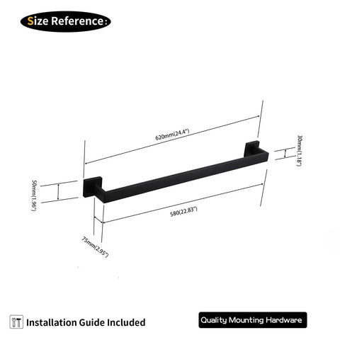 Diagram of 24 Inch Contemporary Stainless Steel Towel Bar Wall Mount With Slick Matte Black Finish, Rustproof Durable Bath Towel Rack