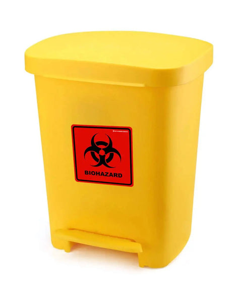 Heavy Duty Biohazard Stickers 5.5 X 5.5 Inch Labels Pack Of 10 on a yellow biohazard waste container.