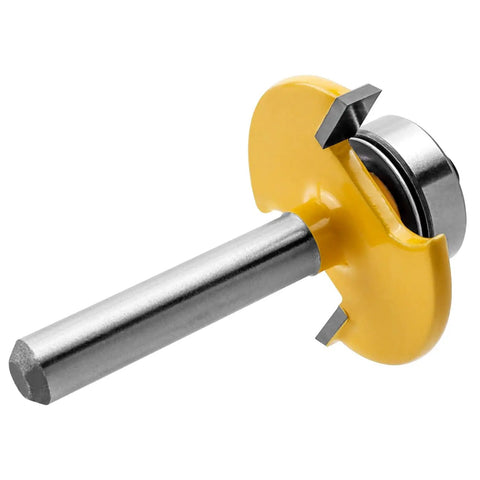Rugged Pro Grade Quarter Inch Shank Biscuit Joiner Router Bit With Ball Bearing Guide, showcasing steel body and smooth edge.