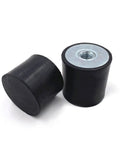Four Pack Heavy Duty Rubber Vibration Isolator Mounts With Single Female Thread M6 M8 for tools, round black rubber pads with metal center.