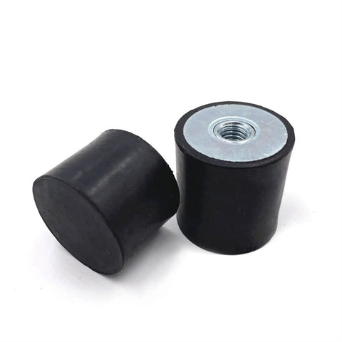 Four Pack Heavy Duty Rubber Vibration Isolator Mounts With Single Female Thread M6 M8 for tools, round black rubber pads with metal center.