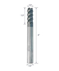 Carbide Square End Mill 4 Flute ALTIN Coating High Speed Low Feed For Stainless Steel Titanium Inconel Nickel Alloys Tough Metals Three Eighths Inch Shank Five Piece Set close-up view with dimensions