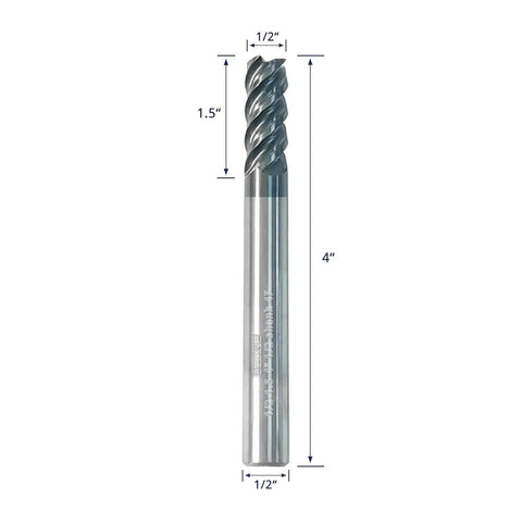 Carbide Square End Mill 4 Flute ALTIN Coating High Speed Low Feed For Stainless Steel Titanium Inconel Nickel Alloys Tough Metals Three Eighths Inch Shank Five Piece Set close-up view with dimensions