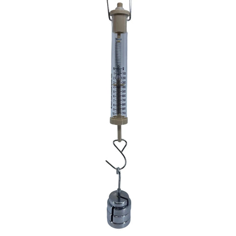 Dual Scale Newton Force Meter Spring Scale With 10N Max Capacity And 1 Kilogram Reading, Pro Grade Precision Lab Ready Educational Tool With Easy Twist Zero Calibration For Quick, Accurate Measurements In Class Or Lab. Acrylic spring scale with hook and 1 kg weight hanging.