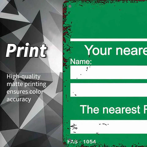 Close-up of 12 By 8 Inch Aluminum First Aid Contact Information Metal Sign with matte print and writeable fields.