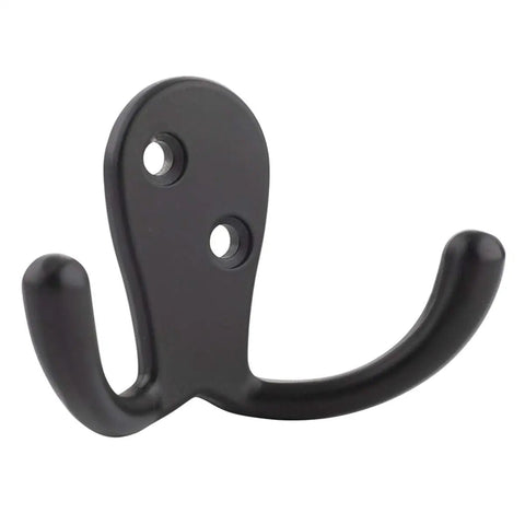 Flat black curved zinc robe hook with dual prongs, one inch wide, wall mount, Curved Zinc Robe Hook Set Flat Black 5 Pack Beefy Heavy Duty