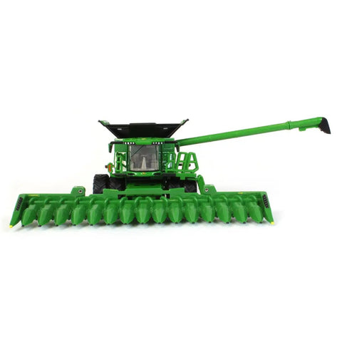 Prestige X9 1100 Farm Style Combine with die cast body, clear windows, dual front wheels, folding C16F corn head, front view.
