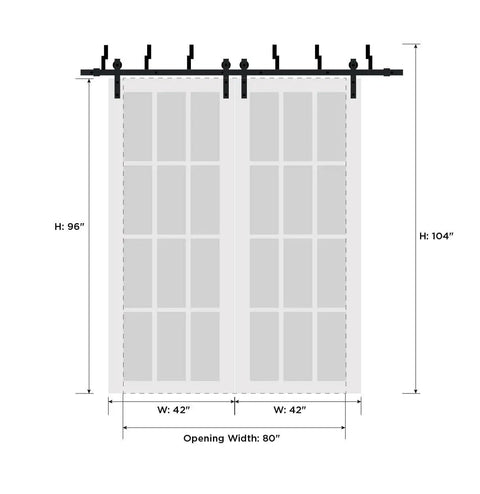 Frosted Glass Sliding Barn Door Set For Closet With Heavy Duty Hardware, 6.6Ft Rails, 36x96 inches, two 18x96 panels diagram