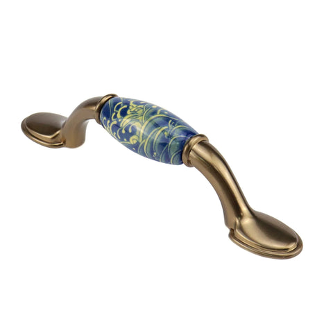 2 Pack Ceramic Cabinet Pulls With Brushed Brass Finish And Vintage Sea Wave Pattern, Zinc Alloy Core, Clear Glazed Surface, 3 Inch