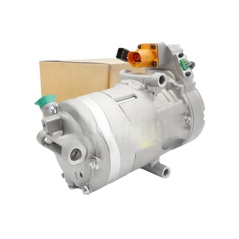 Heavy Duty Electric AC Compressor Crafted For Smooth Cabin Climate Comfort Compatible With Hyundai Kona And Kia Niro Ev Replaces 97701 K4000 Hes33 side view with connector and packaging