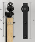 Side view of Six Foot J Shape Sliding Barn Door Hardware Kit For A Single Wooden Door With Frosted Black Finish Track System Vintage Closet Hardware Great For Doors Up To 36 Inches Wide And 330 Pound Capacity showing installation measurements.