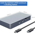 M.2 Dual Bay Nvme Enclosure Stand Acting As An Absolute Powerhouse With Rock Solid Hot Swap Design And Blazing Fast Type C To Usb 3.0 Port For External Hard Disk Storage Solutions, showing dimensions and ports.
