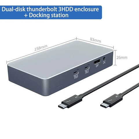 M.2 Dual Bay Nvme Enclosure Stand Acting As An Absolute Powerhouse With Rock Solid Hot Swap Design And Blazing Fast Type C To Usb 3.0 Port For External Hard Disk Storage Solutions, showing dimensions and ports.