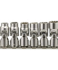 Six-Piece 1 Quarter Inch Drive SAE Universal Hand Socket Set with Rail Holder, 12-Point, CR-V Steel, front view