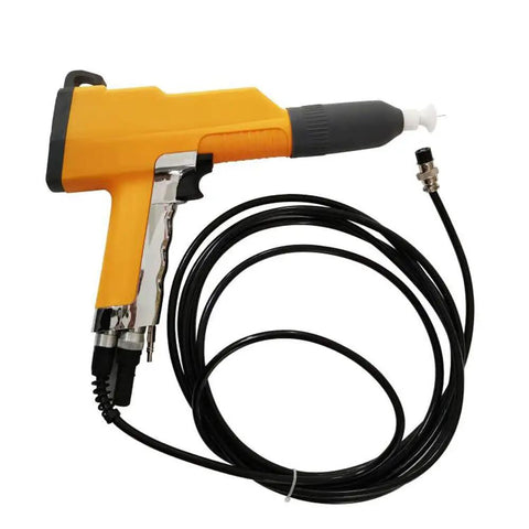 Badass Electrostatic Powder Coating Gun And Spray Paint Machine For Metal Projects 110V, yellow spray gun with a flexible hose.