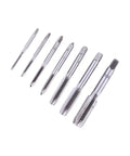 7 Pcs Straight Flute Screw Tap Set For DIY Metalworking Tools To Cut Threads In Aluminum And Plastic Includes Plug Drill And Hole Cutter Heavy Duty Bearing Steel Taps For Pros And Weekend Warriors., 7-piece steel tap set on white background
