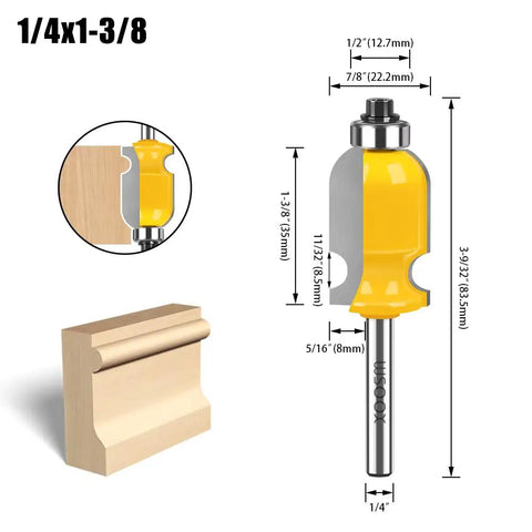 Master Slick Woodwork With This Killer Architectural Molding Router Bit Set Boasting Three Classic Profiles And A Secure Quarter Inch Shank Ideal For Hella Fast Furniture Crafting And Cabinetry Work Needing Pro Level Precision No Setup Hassle. Image showing 1/4 inch by 1-3/8 inch router bit with measurements for furniture crafting.