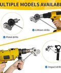 Drill metal cutter attachments for sheet metal; yellow cordless drill with cutting wheel.