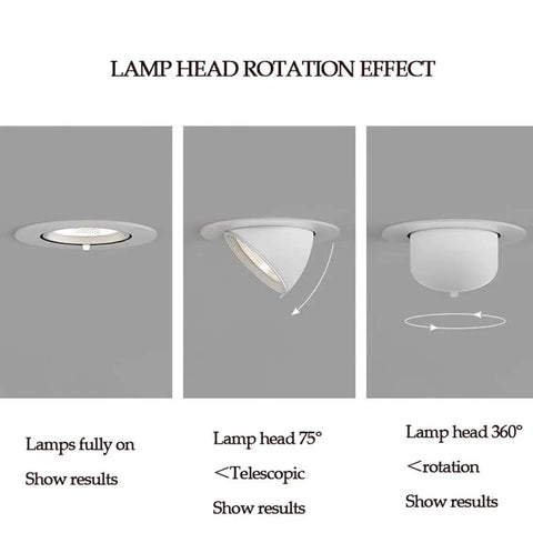 Lamp head rotation effect of saditesdk 10W20W Gimbal Recessed Lighting Ceiling Downlight Kit showing adjustable angles.
