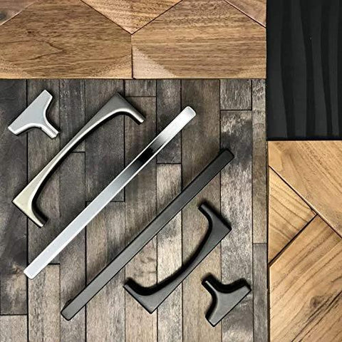 Variety of Top Knobs Riverside Pulls in different finishes on wood background, focusing on contemporary bar handles for kitchen and bath furniture.