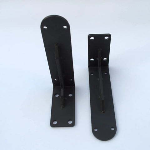 Rock Solid Heavy Duty Metal Corner Brackets For Floating Shelves, matte black iron wall mounts with pre-drilled holes.