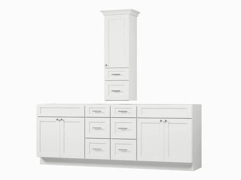 Fresh 90 Double Sink Bathroom Vanity Base Over Countertop Storage Cabinet White Shaker with tall storage and drawers.