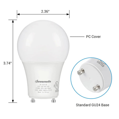 GU24 LED Light Bulbs A19 Shape 9W 800 Lumens 60W Equivalent Dimmable Warm White 2700K Twist Lock Base UL Listed 4 Pack close-up