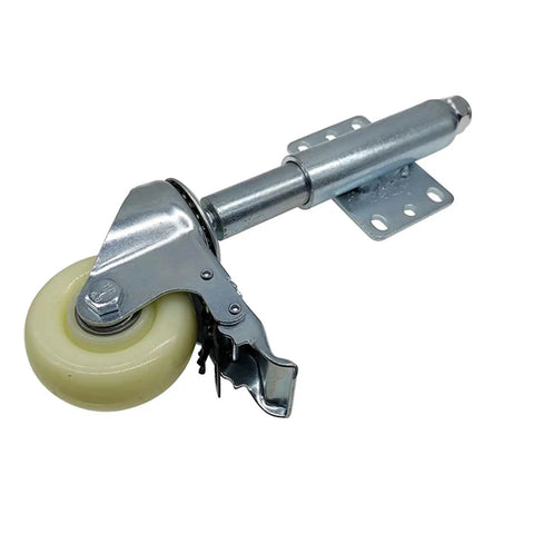 Close-up of Tough As Nails 2 Piece 3 Inch Heavy Duty Gate Caster Kit featuring spring-loaded swivel rubber wheel and metal bracket.
