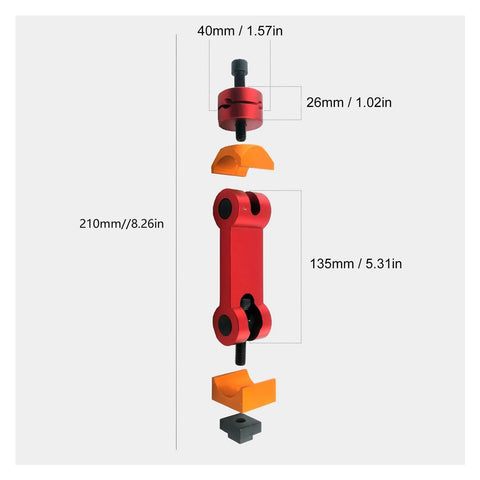 Premium CNC Mill Positioner And Adjustable Work Stop Locator, red and orange components displayed with measurements.