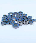 RC Ball Bearing Set For 1 Tenth SCX10 II Kit And RTR, 28 Pcs, Includes 5x11x4mm, 10x15x4mm, 5x10x4mm, 8x16x5mm, 5x14x5mm, And 7x14x3.5mm Bearings For Smooth Spin And Rugged Crawling Performance, blue-seal bearings on white background