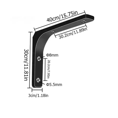 Rock Solid Metal L Floating Shelf Brackets In Matte Black deliver heavy duty corner support, 40cm by 30cm size with measurements.