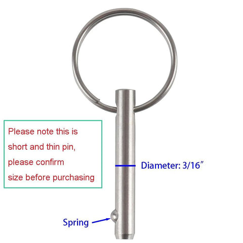 Front view of stainless steel quick-release pin with ring for Bimini top hardware; 3/16 in diameter.
