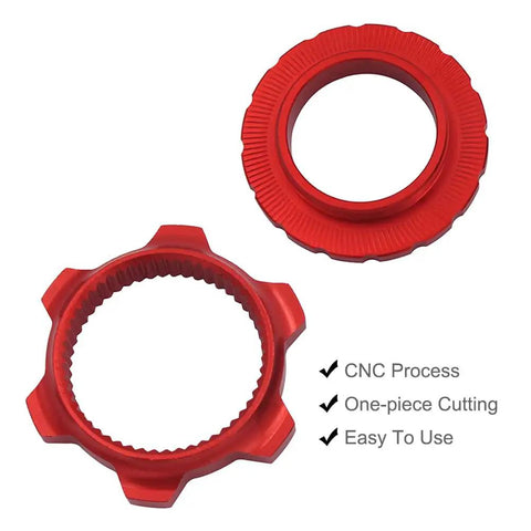 Swap-Ready Center Lock To 6-Bolt Disc Rotor Adapter for 9mm, 12mm, and 15mm hubs, red, CNC aluminum with lock ring and spacer