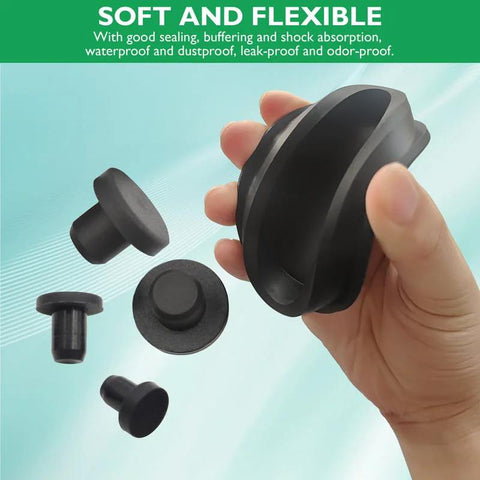 Hand holding T Shaped Silicone Hole Plug 76.3 Mm 3 In Soft Flexible Rubber Stopper Tube End Cap Cover, black, for sealing bottles and holes.