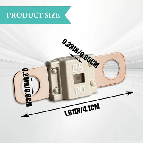 Heavy Duty 80 Amp Bolt On Fuses 3 Pack Copper Plated Terminals dimensions showing size and bolt holes for trucks, RVs, and golf carts.